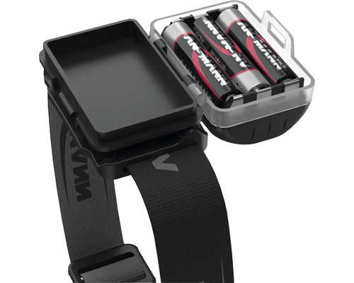 Lampe frontale avec compartiment à piles ouvert et piles insérées