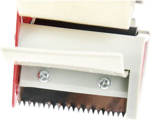 Vue détaillée d''un dérouleur de ruban adhésif avec une lame dentelée pour une déchirure facile du ruban