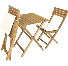 Ensemble de jardin en bois avec table pliante et deux chaises avec coussins
