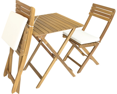 Ensemble de jardin en bois avec table pliante et deux chaises avec coussins