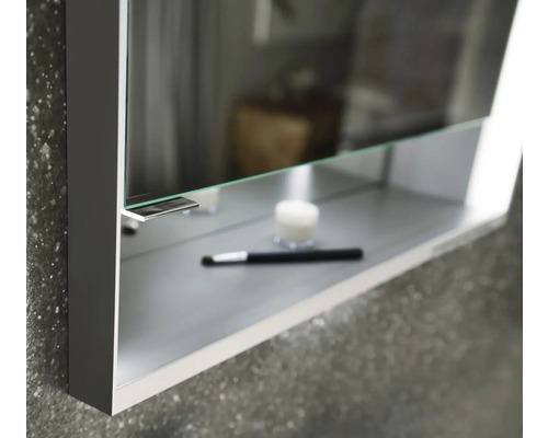 Vue détaillée d''une armoire de toilette avec espace de rangement et produits cosmétiques