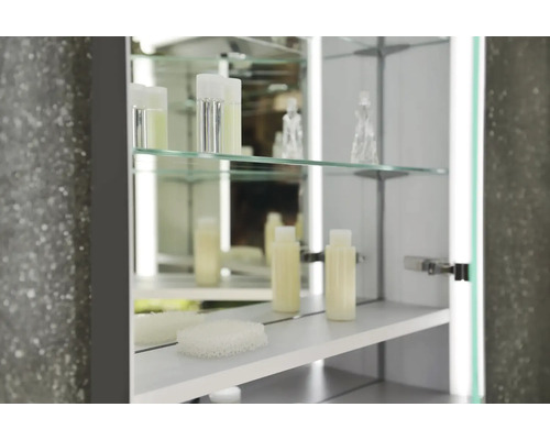 Armoire de toilette ouverte avec produits cosmétiques et étagères