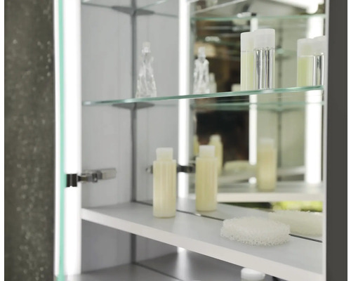 Scène de salle de bains avec une armoire de toilette contenant divers produits de soins.