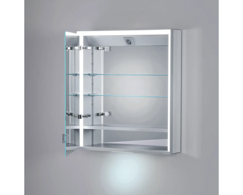 Armoire de toilette ouverte avec éclairage LED et étagères en verre