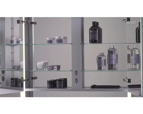 Badezimmer-Spiegelschrank mit Glasablagen und Steckdosen