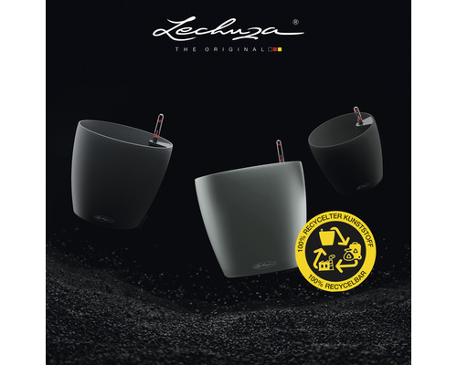 Trois pots de fleurs Lechuza et le logo pour le plastique recyclé.