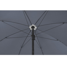 Ansicht der Unterseite eines Sonnenschirms mit Streben und Mast