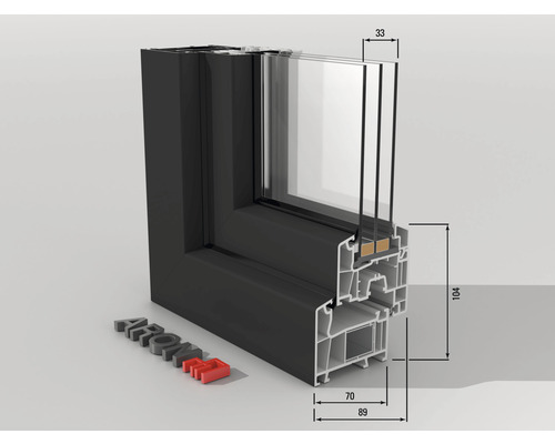 Fensterprofil mit Abmessungen für den Einbau