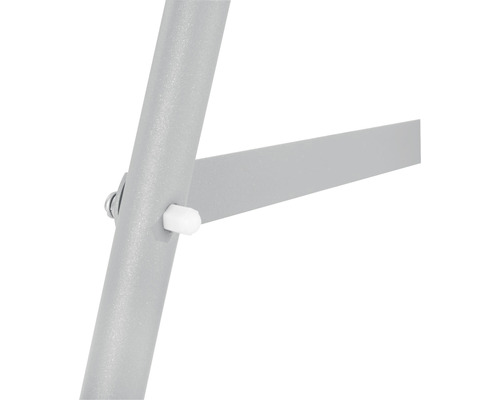 Detailansicht eines grauen Metallstuhlbeins mit Schraube und weissem Stopper