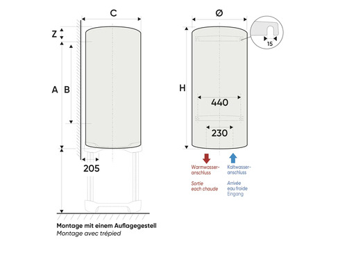 Dimensions d''un chauffe-eau avec montage sur un cadre de support