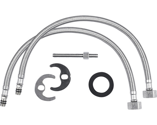 Kit de raccordement pour lavabos composé de deux flexibles blindés, tige filetée, rosaces et joints
