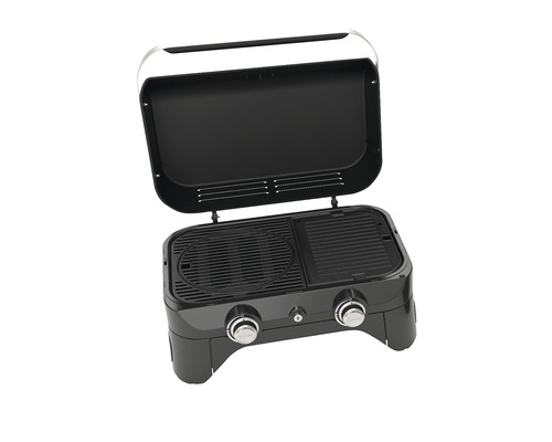 Tragbarer Gasgrill mit offenem Deckel