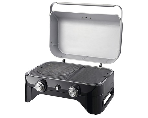 Tragbarer Gasgrill mit zwei Brennern und Grillflächen