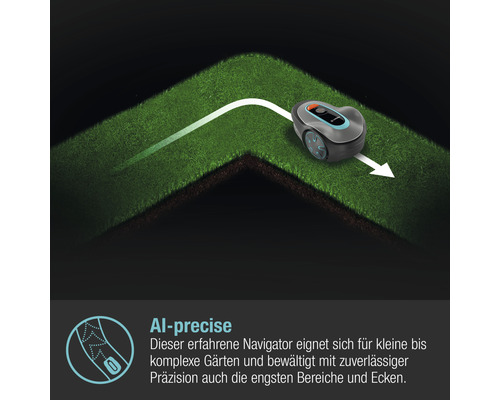 Gardena Mähroboter im Einsatz auf Rasenfläche.