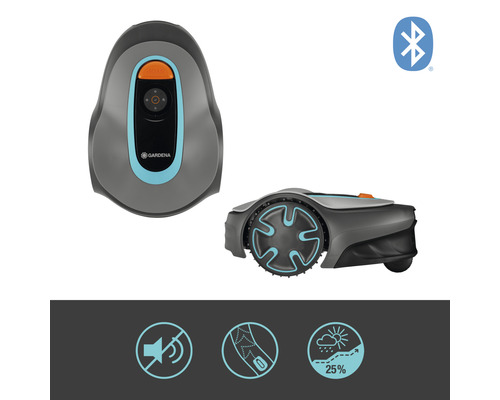 Gardena Mähroboter in zwei Ansichten mit Bluetooth Symbol sowie Symbole für Lautstärke, Korridor-Navigation und Wetter