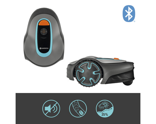 Robot tondeuse Gardena en deux vues et symbole Bluetooth