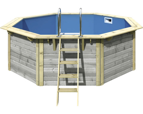 Piscine hors sol ensemble de piscine en bois Karibu X1 octogonale Ø 357,5x121 cm avec liner bleu et échelle grise