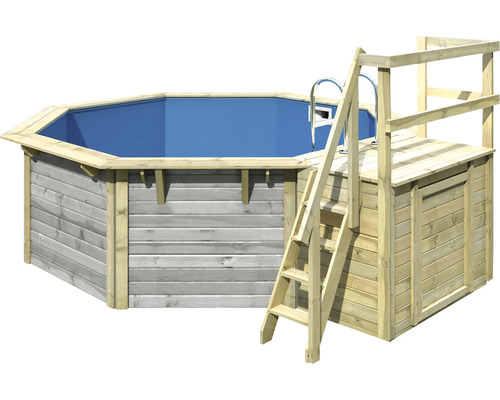 Piscine hors sol ensemble de piscine en bois Karibu X1 octogonale Ø 357,5x121 cm avec liner bleu et échelle avec plateforme grise