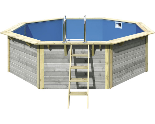 Aufstellpool Holzpool-Set Karibu X2 achteckig Ø 427,5x121 cm inkl. Innenauskleidung blau & Leiter grau