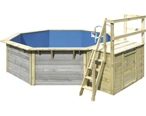 Piscine hors sol ensemble de piscine en bois Karibu X2 octogonale Ø 427,5x121 cm avec liner bleu et échelle avec plateforme grise