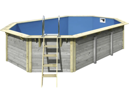 Piscine hors sol ensemble de piscine en bois Karibu X4 octogonale 357,5x568,5x121 cm avec liner bleu et échelle grise
