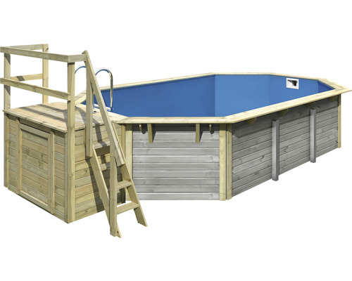 Piscine hors sol ensemble de piscine en bois Karibu X4 octogonale 357,5x568,5x121 cm avec liner bleu et échelle avec plateforme grise