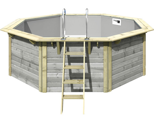 Piscine hors sol ensemble de piscine en bois Karibu X1 octogonale Ø 357,5x121 cm avec liner gris et échelle grise