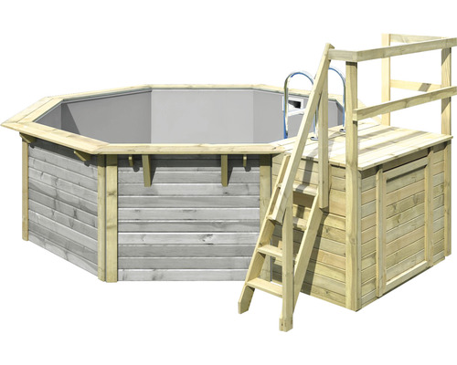 Piscine hors sol ensemble de piscine en bois Karibu X1 octogonale Ø 357,5x121 cm avec liner gris et échelle avec plateforme grise