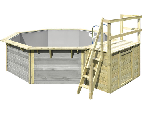 Piscine hors sol ensemble de piscine en bois Karibu X2 octogonale Ø 427,5x121 cm avec liner gris et échelle avec plateforme grise
