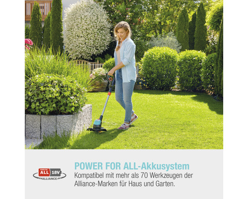 Frau benutzt Akku-Rasentrimmer im Garten. Power for All Akkusystem.
