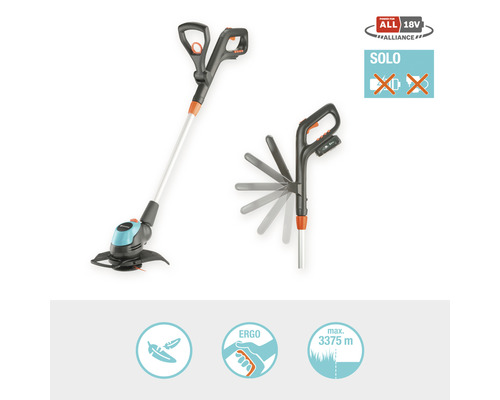 Gardena Akku-Rasentrimmer mit SOLO Symbol, das keinen Akku beinhaltet, und Symbolen für einfache Handhabung