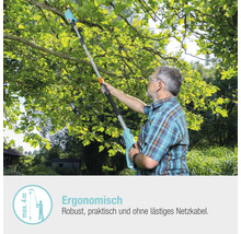 Mann schneidet Baum mit einer Akku-Astsäge