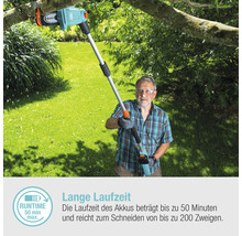 Mann schneidet Baumäste mit einer Akku-Hochentastersäge im Garten.