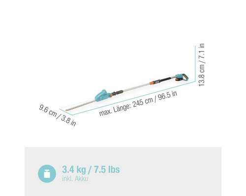 Taille-haie télescopique à batterie Gardena avec dimensions