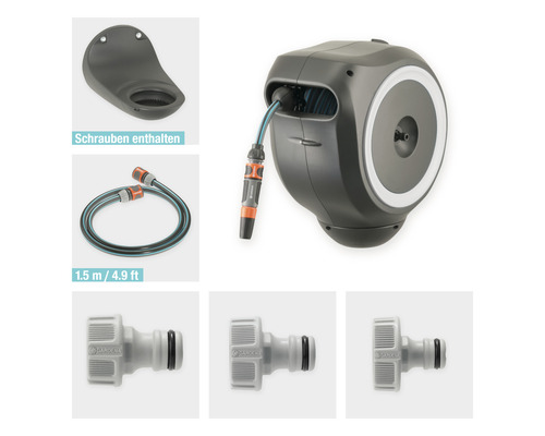 Boîtier de tuyau d''arrosage Gardena avec support mural, tuyau d''arrosage et raccords