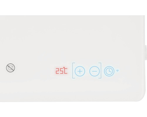 Nahaufnahme der Bedienfeldanzeige einer Heizung mit Temperatureinstellung, Zeitschaltuhr und WLAN-Symbol