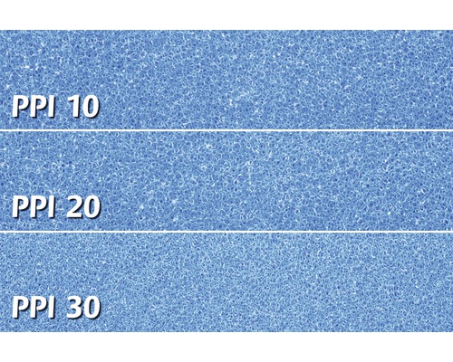 Vue détaillée de la mousse avec une densité de pores de 10 PPI, 20 PPI et 30 PPI