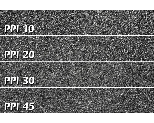 Image de mousse filtrante avec différentes tailles de pores, indiquées en PPI (Pores Per Inch)
