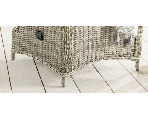 Detailansicht eines Aufbewahrungskoffers aus Rattan mit Füssen.