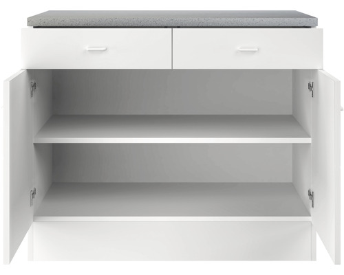 Meuble sous-lavabo avec deux tiroirs, deux portes ouvertes et des étagères