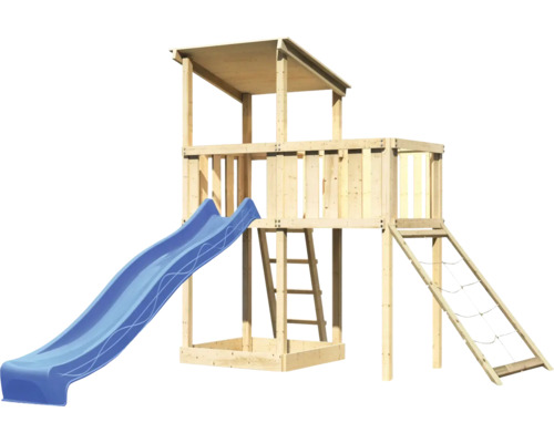 Holzspielturm mit blauer Rutsche, Leiter und Kletternetz für den Garten