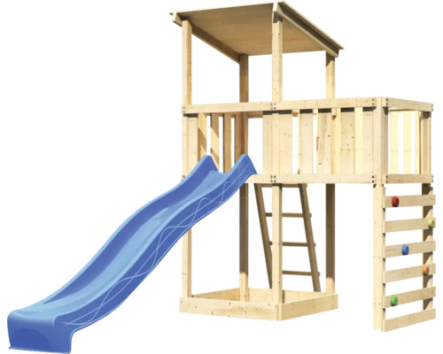 Tour de jeux en bois avec toboggan, échelle et mur d''escalade