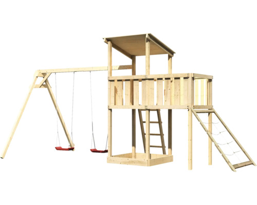 Tour de jeu avec balançoire, échelle et filet d''escalade en bois