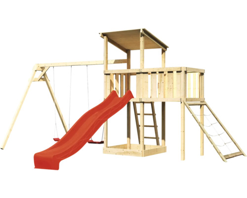 Tour de jeu en bois avec balançoire, toboggan et filet d''escalade pour le jardin