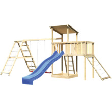 Aire de jeux avec balançoire, toboggan et structure d''escalade en bois