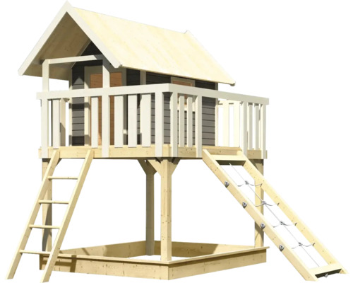 Spielhaus aus Holz mit Sandkasten, Leiter und Kletterrampe
