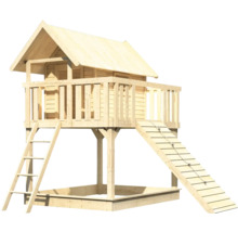 Holzspielhaus mit Sandkasten, Leiter und Kletterrampe für den Garten