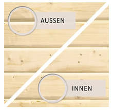 Holzwand mit Kennzeichnung für Aussen- und Innenbereich