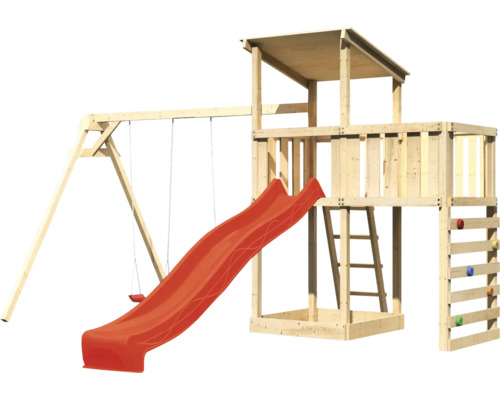 Tour de jeux en bois avec balançoire, toboggan, échelle et mur d''escalade