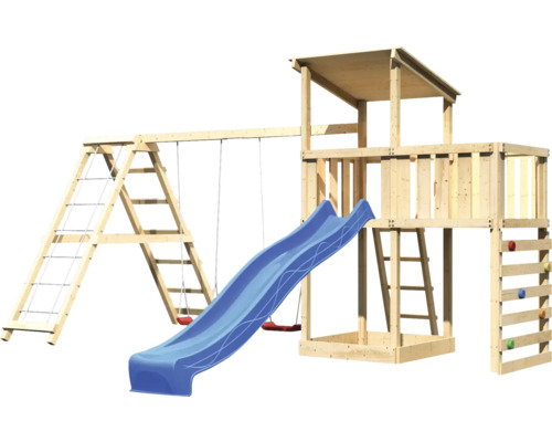 Spielturm aus Holz mit Schaukel, Rutsche, Kletterwand und Leiter